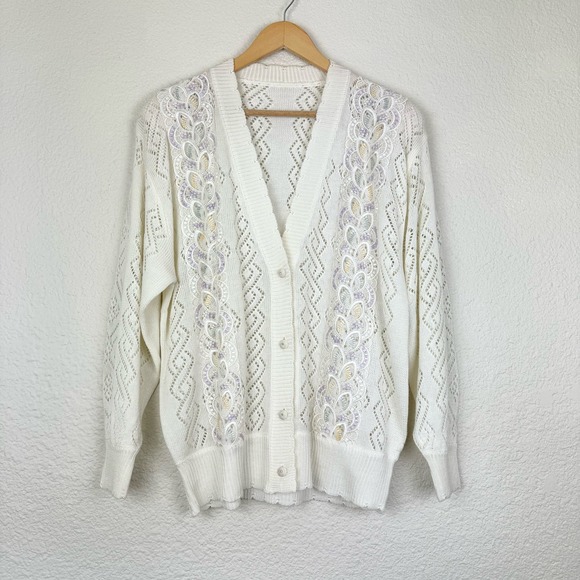Vintage Cream Lavender Eyelet Knit Grandma Cardigan Sweater - Picture 1 of 8